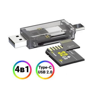 Кардрідер WALKER WCD-72 microSD, SD (вихід USB2.0, Type-C) прозорий