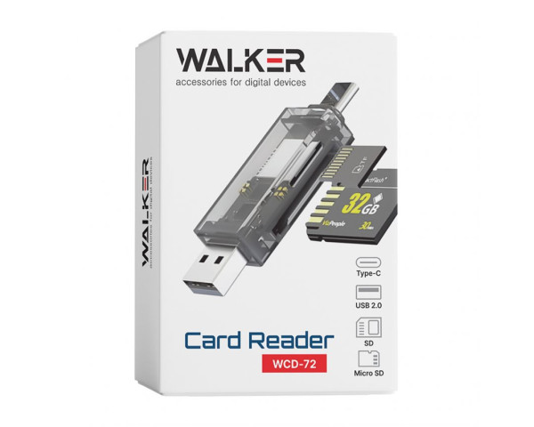Кардрідер WALKER WCD-72 microSD, SD (вихід USB2.0, Type-C) прозорий