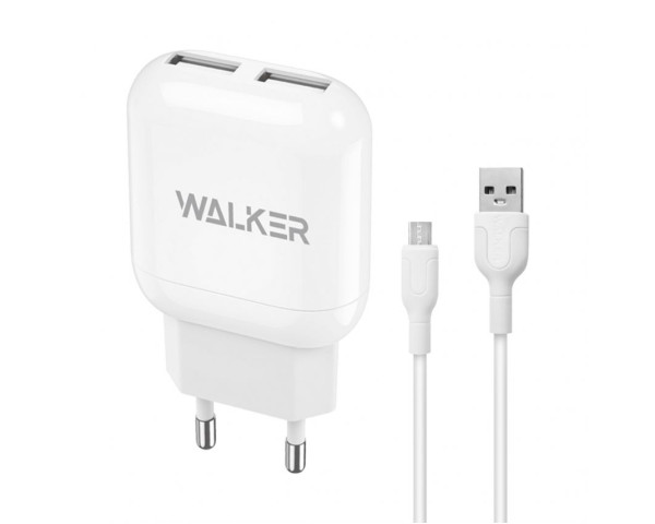 Мережевий зарядний пристрій (адаптер) 2в1 WALKER WH-33 2USB / 2.4A + Micro white