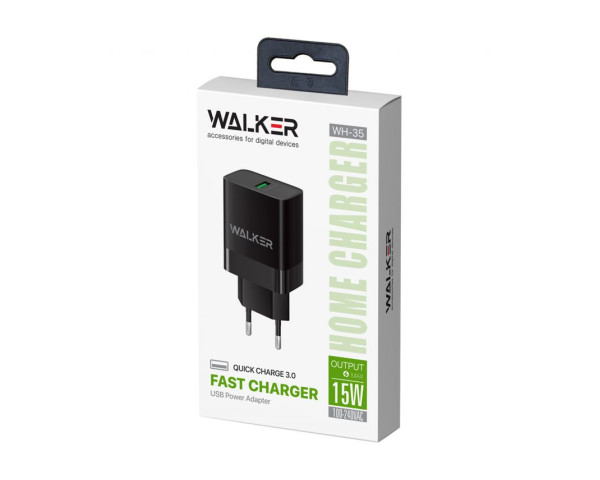 Мережевий зарядний пристрій (адаптер) 2в1 WALKER WH-35 1USB / QC3.0 / 3A / 15W + Type-C black