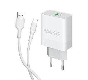 Мережевий зарядний пристрій (адаптер) 2в1 WALKER WH-35 1USB / QC3.0 / 3A / 15W + Type-C white