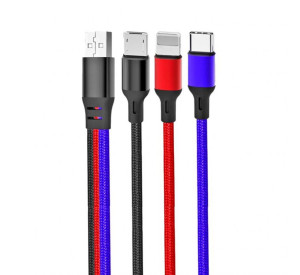 Кабель USB XO NB143 3в1 Type-C+Micro+Lightning 1.2м плетений black+red+blue