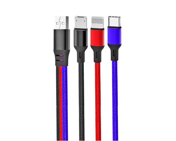 Кабель USB XO NB143 3в1 Type-C+Micro+Lightning 1.2м плетений black+red+blue