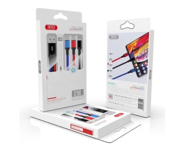 Кабель USB XO NB143 3в1 Type-C+Micro+Lightning 1.2м плетений black+red+blue