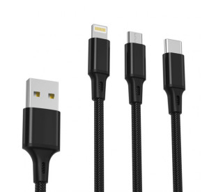 Кабель USB XO NB173 3в1 2.4A type-c+micro+lightning 1.2m тканинний black
