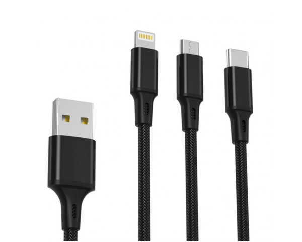 Кабель USB XO NB173 3в1 2.4A type-c+micro+lightning 1.2m тканинний black