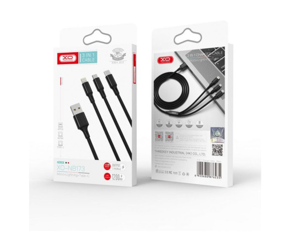Кабель USB XO NB173 3в1 2.4A type-c+micro+lightning 1.2m тканинний black