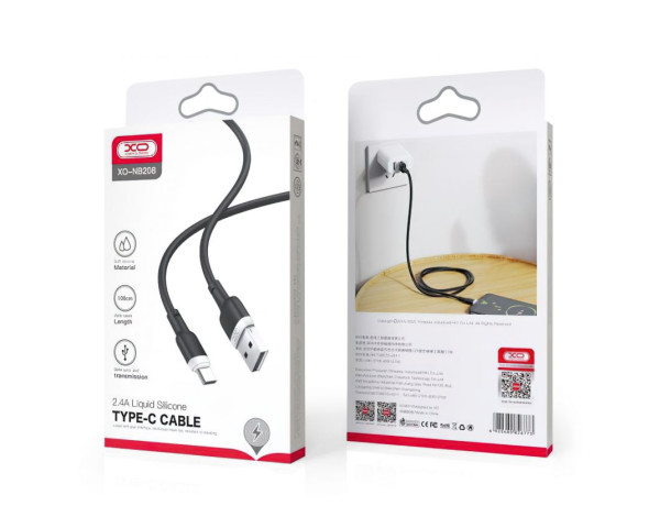 Кабель USB XO NB208 2.4A Type-c мягкий силиконовый black