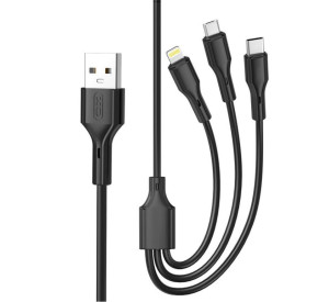 Кабель USB XO NB230 3в1 2.4A Quick Charge Type-C+Micro+Lightning 1m прогумований black