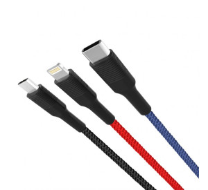 Кабель USB XO NB54 3в1 2.4A Quick Charge Type-C+Micro+Lightning тканинний black