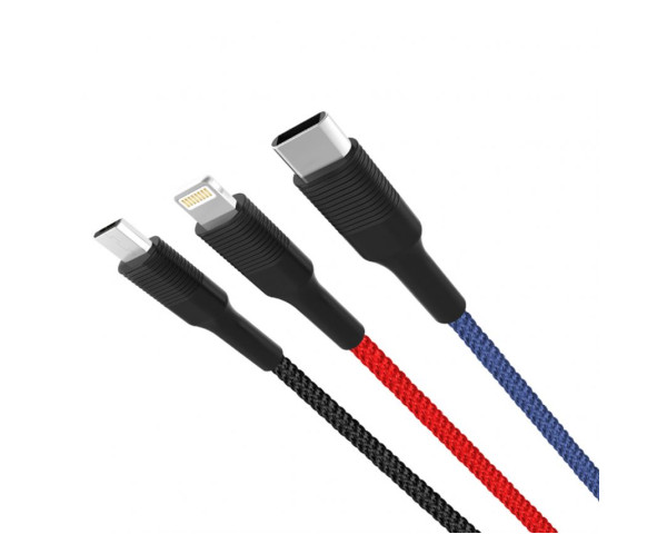 Кабель USB XO NB54 3в1 2.4A Quick Charge Type-C+Micro+Lightning тканевый black