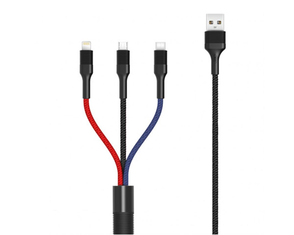 Кабель USB XO NB54 3в1 2.4A Quick Charge Type-C+Micro+Lightning тканевый black
