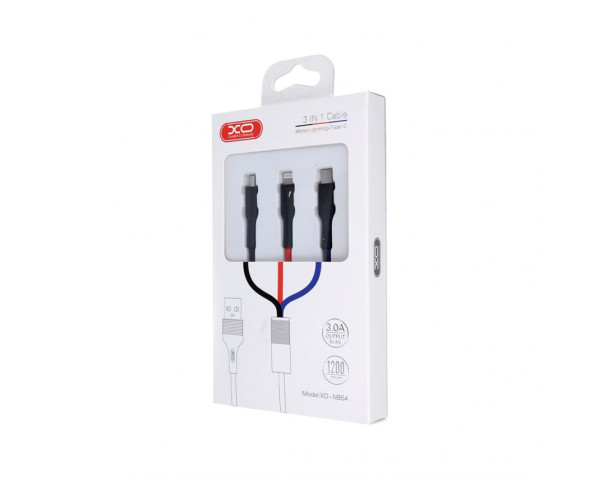 Кабель USB XO NB54 3в1 2.4A Quick Charge Type-C+Micro+Lightning тканевый black