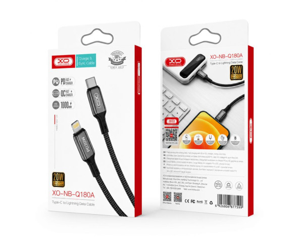 Кабель USB XO NB-Q180A PD 20W 2.22A Fast charge Type-C - Lightning 1m тканинний black