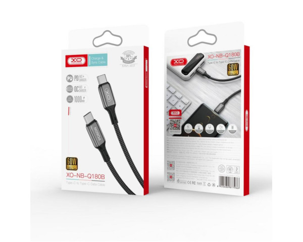 Кабель USB XO NB-Q180B PD 60W 3A Fast charge Type-C - Type-C 1m тканинний black