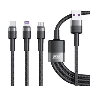 Кабель USB XO NB-Q191 3в1 66W+2.4A+2.4A Type-C+Micro+Lightning тканинний 1.2m black