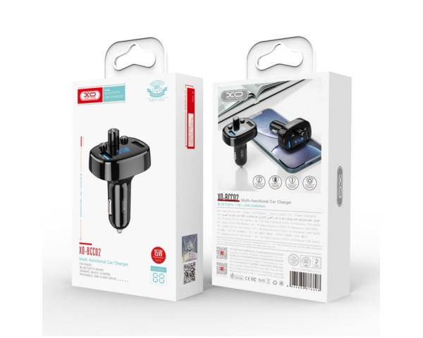 АЗП XO BCC02 FM-модулятор 2USB / 3.0A / LCD / Bluetooth / Fast charging / Flash drive black