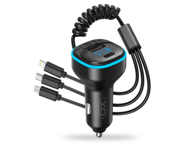 АЗУ XO BCC07 FM-модулятор 3.1A / PD / USB / LCD / Bluetooth / Fast charging / Flash drive / TF card + Lightning / Micro / Type-C black