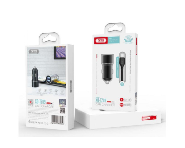 АЗУ XO TZ09 адаптер 2USB/2.4A/max 12W metal + Type-C black