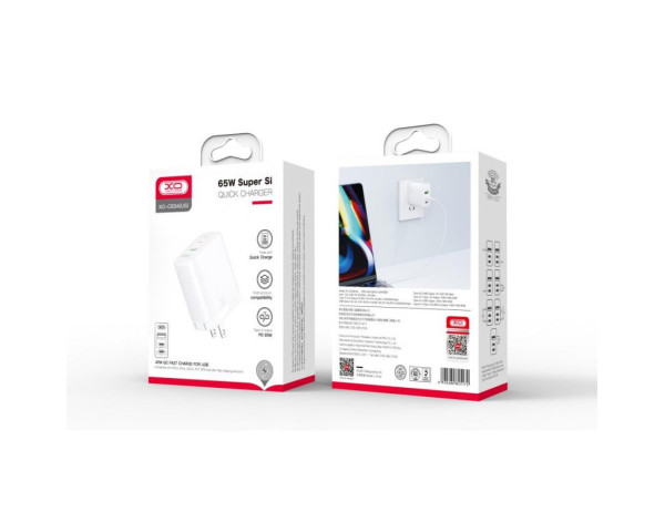 Мережевий зарядний пристрій XO CE04 адаптер Super Si 2xType-C_65W / QC_45W white (PD3.0, QC4+, QC3.0, FCP, MTK та ін.)