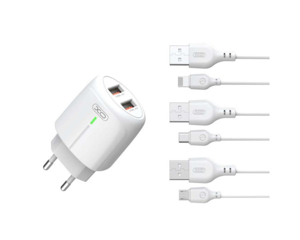 Мережевий зарядний пристрій XO L111 адаптер 2USB / 2.4А з LED-індикатором + Micro white