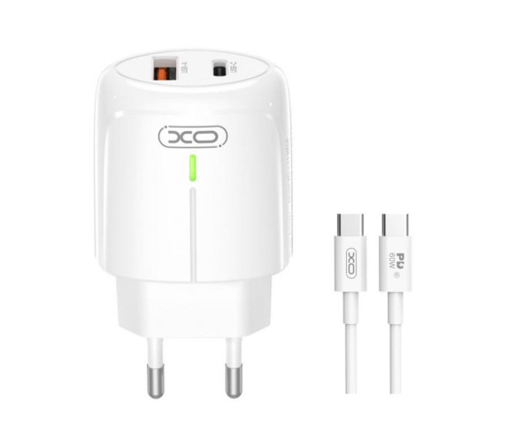Мережевий зарядний пристрій XO L114 адаптер PD_20W / QC_18W з LED-індикатором + Type-C to Type-C white