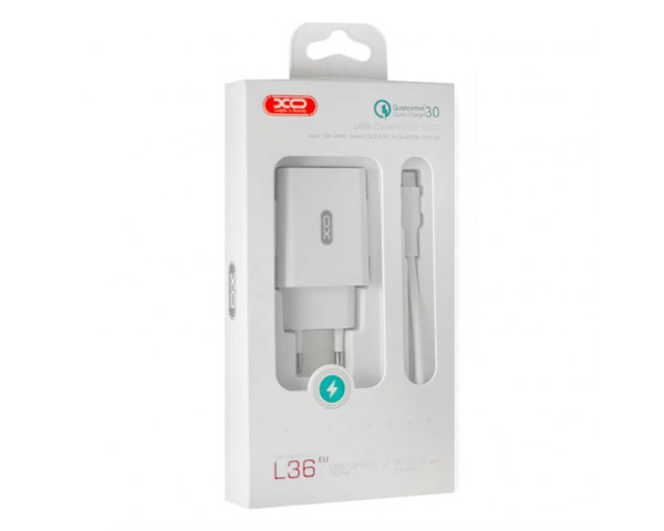 Мережевий зарядний пристрій XO L36 адаптер 1USB / QC3.0 / 3А + Type-C white