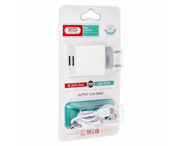 Мережевий зарядний пристрій XO L65 адаптер 2USB / 2.4А + Type-C white