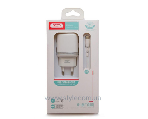 Мережевий зарядний пристрій (адаптер) 2в1 XO L69 2USB / 2.4A + Lightning white