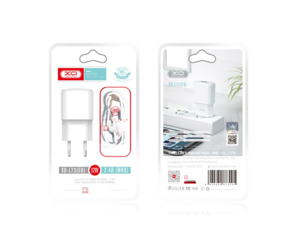 Мережевий зарядний пристрій XO L73 адаптер 1USB / 2.4A / 12W + Type-C white