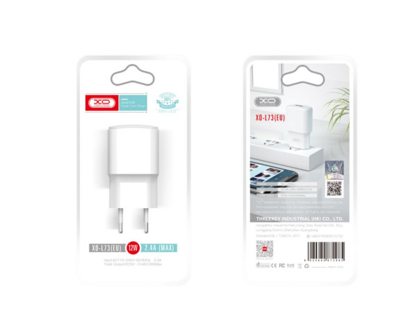 Сетевое зарядное устройство XO L73 адаптер 1USB/2.4A/12W white