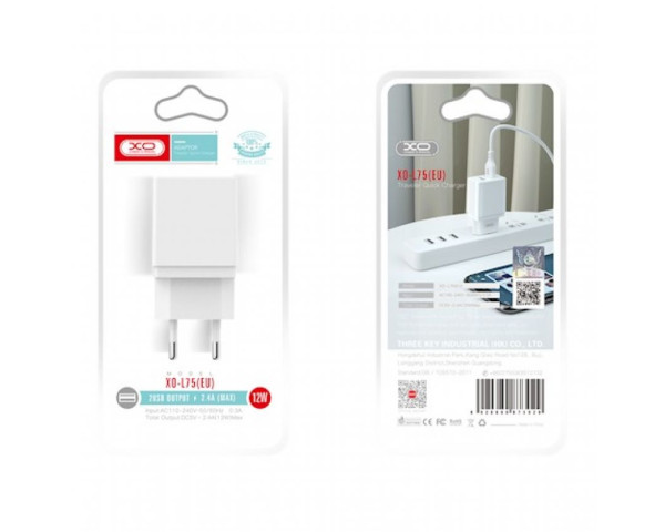 Мережевий зарядний пристрій XO L75 адаптер 2USB / 2.4А + Micro white