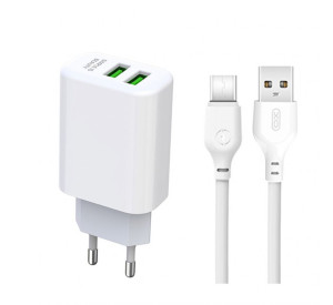 Мережевий зарядний пристрій XO L85C адаптер 2USB 2.4A + Type-C white