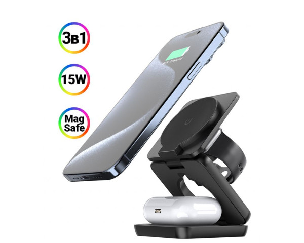 Бездротовий зарядний пристрій 3в1 WALKER WH-57 15W black