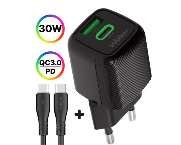 Мережевий зарядний пристрій (адаптер) 2в1 GAN 30W + Data Cable Type-C to Type-C black