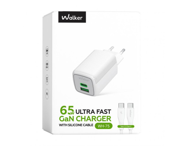 Мережевий зарядний пристрій (адаптер) 2в1 WALKER WH-75 GAN 65W + Data Cable Type-C to Type-C white