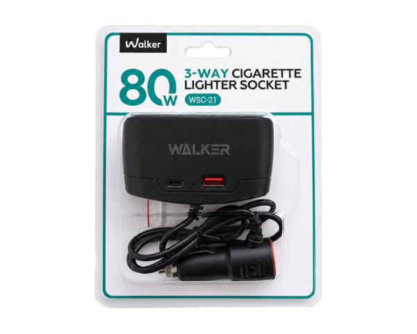 Розгалужувач автомобільного прикурювача 3в1 WALKER WSC-21 80W / USB_2.1A / Type-C_2.1A black