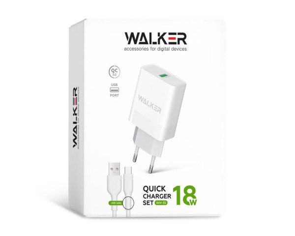 Сетевое зарядное устройство (адаптер) 2в1 WALKER WH-35 1USB/QC3.0/3A/18W + Data Cable USB to Type-C white