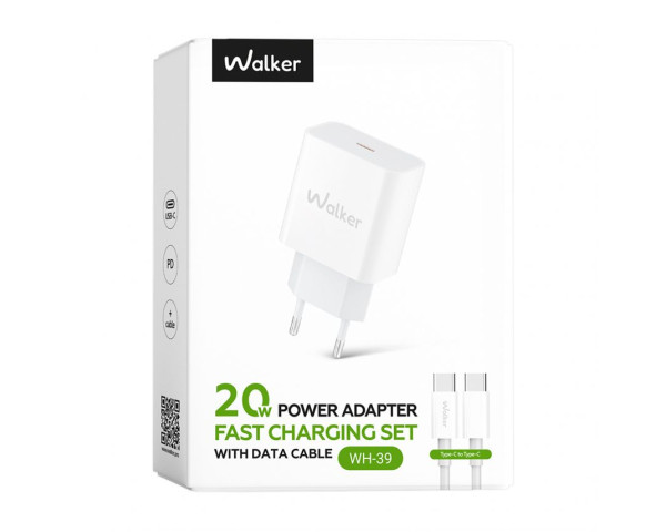 Мережевий зарядний пристрій (адаптер) 2в1 WALKER WH-39 PD / 3A / 20W + Data Cable Type-C to Type-C 30W white
