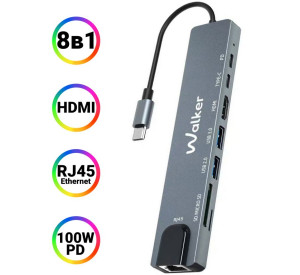 Перехідник USB-хаб WALKER WHUB-63 8в1 з роз'ємом Type-C grey