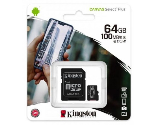 Карта памяти Kingston Canvas Select Plus MicroSDHC 64GB Class 10 UHS-I R100MB/s + SD-адаптер (SDCS2/64GB)