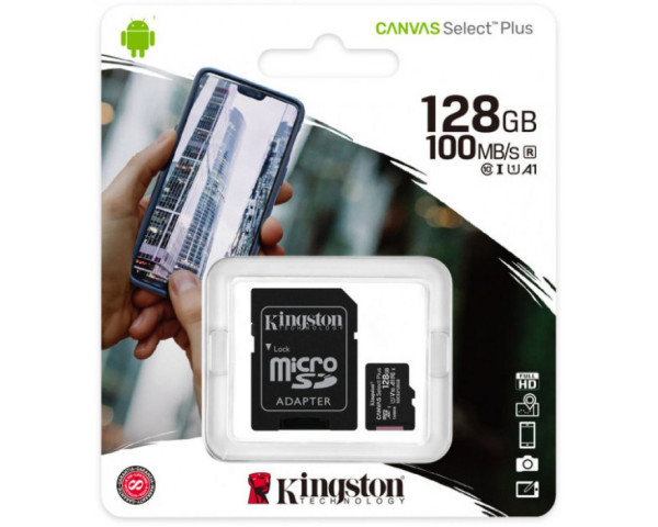 Карта памяти Kingston Canvas Select Plus MicroSDXC 128GB Class 10 UHS-I R100MB/s + SD-адаптер (SDCS2/128GB)