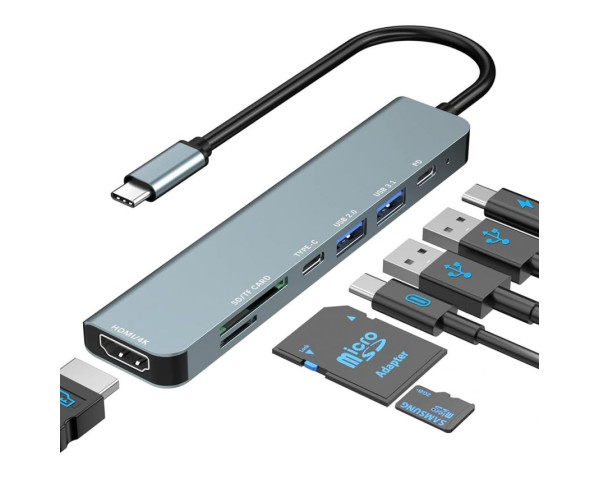Переходник USB-хаб 7в1 с разъемом Type-C grey