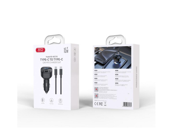 Автомобильное зарядное устройство (адаптер) - FM-трансмиттер 2в1 XO BCC18 PD15W + Data Cable Type-C to Type-C black