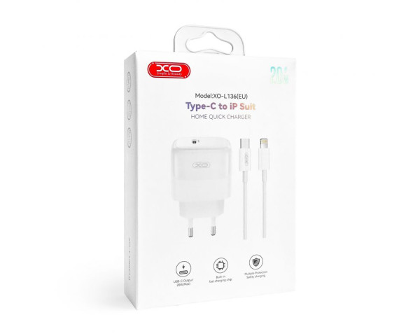 Мережевий зарядний пристрій (адаптер) 2в1 XO L136 PD_20W + Data Cable Type-C to Lightning white