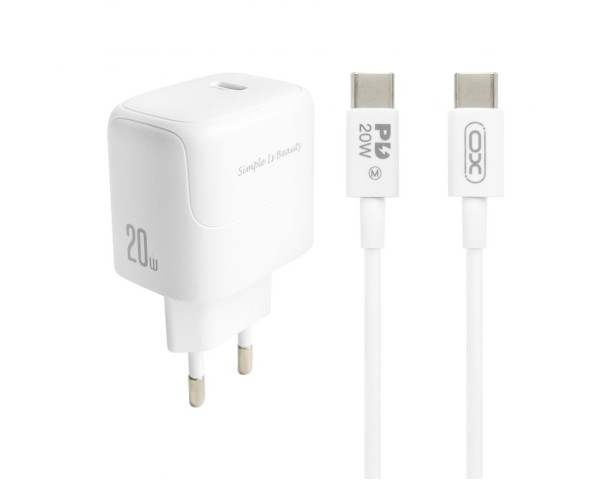 Мережевий зарядний пристрій (адаптер) 2в1 XO L136 PD_20W + Data Cable Type-C to Type-C white