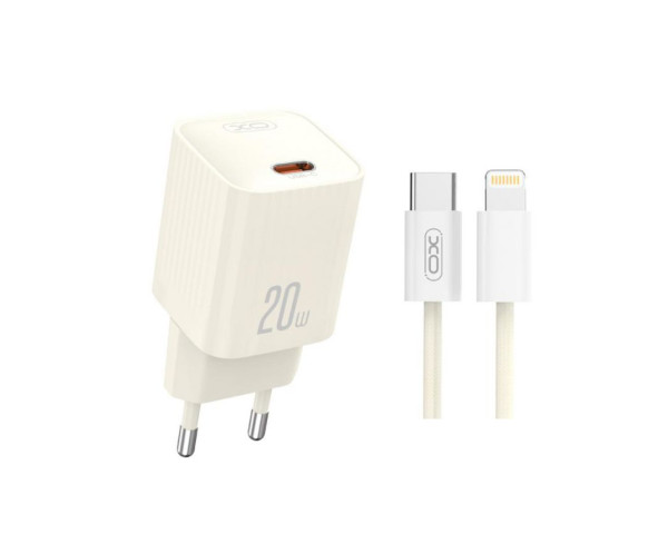 Мережевий зарядний пристрій (адаптер) 2в1 XO L146 PD_20W + Data Cable Type-C to Lightning beige
