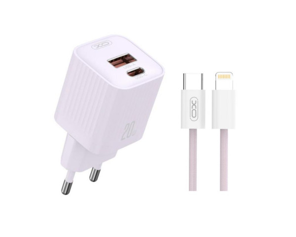 Мережевий зарядний пристрій (адаптер) 2в1 XO L147 PD_20W / QC3.0_18W + Data Cable Type-C to Lightning purple
