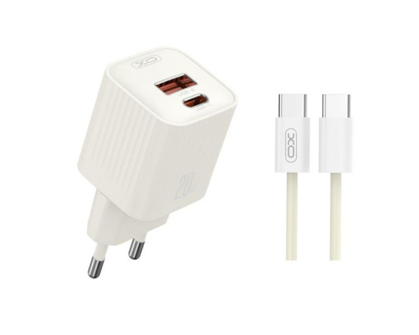 Мережевий зарядний пристрій (адаптер) 2в1 XO L147 PD_20W / QC3.0_18W + Data Cable Type-C to Type-C beige