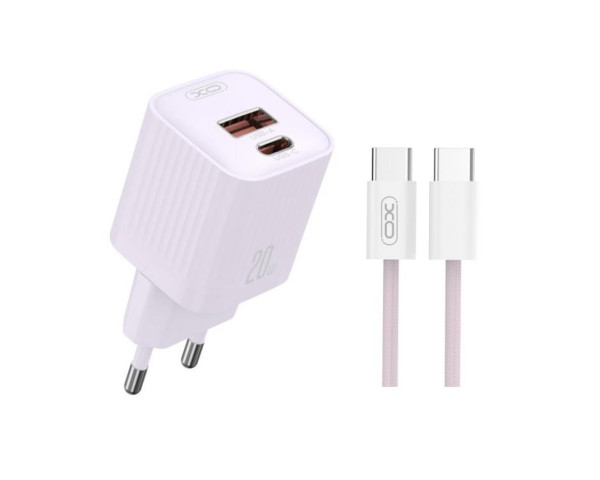 Мережевий зарядний пристрій (адаптер) 2в1 XO L147 PD_20W / QC3.0_18W+ Data Cable Type-C to Type-C purple